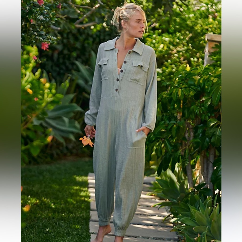 Free People Sage Green Button-Front Jumpsuit